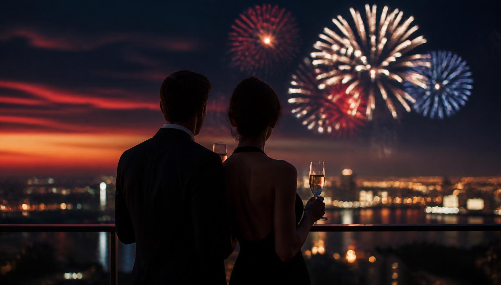 A couple watching Independence Day fireworks from a rooftop with champagne